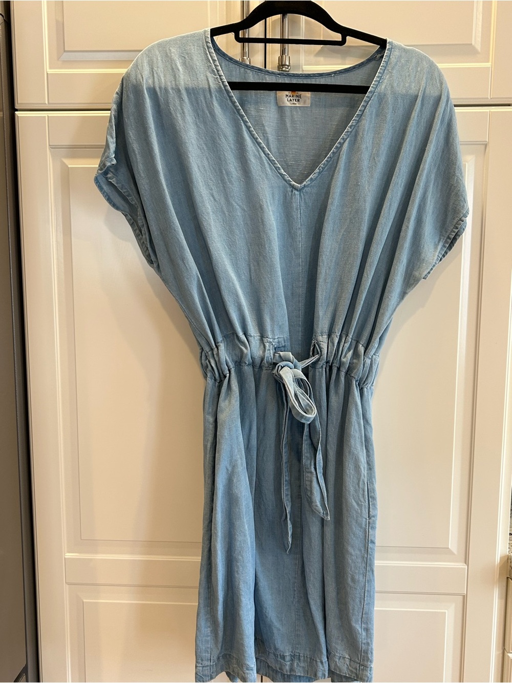 Light Wash Denim Drawstring Waist Dress